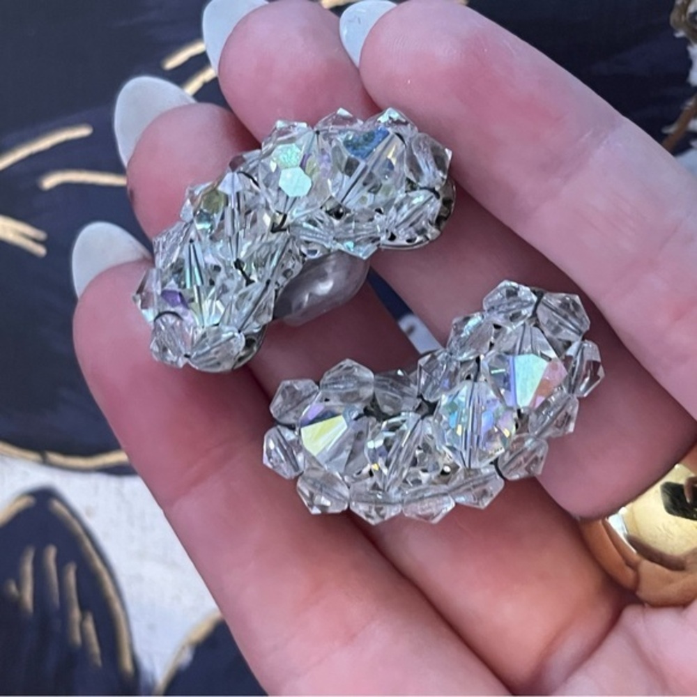 Vintage Large Curved Aurora Borealis Sparkle Crystal Clip-On Earrings A2